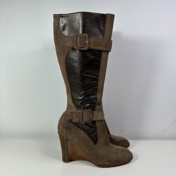 Donald Pliner Heidy Elephant Wedge Suede Leather Tall Boot Brown Women Size 8.5 - Picture 1 of 16